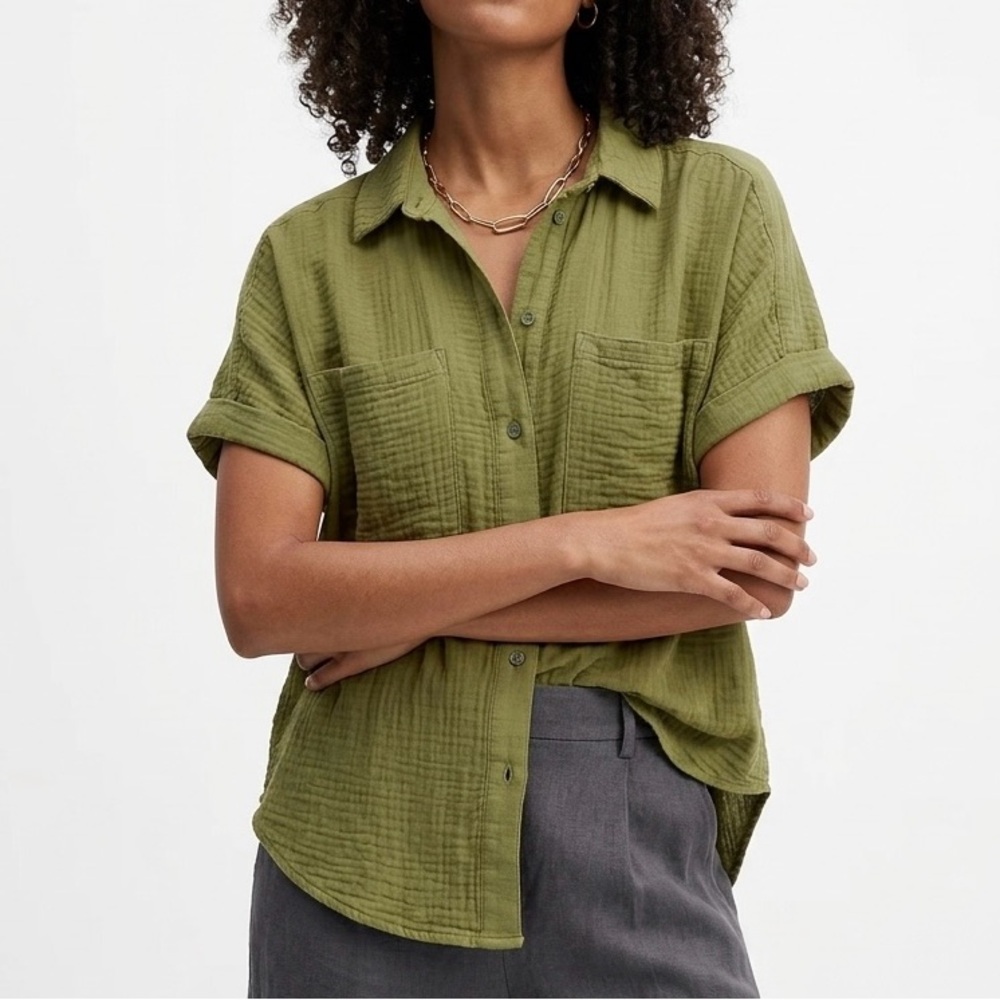 Sundance Mona Gauze Camp Shirt Olive Green Boho Coastal Grandma Sz S